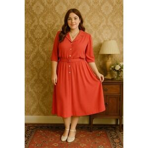 Vintage Carol Anderson II Coral Belted Shirt Dress Made in USA | Size 22W